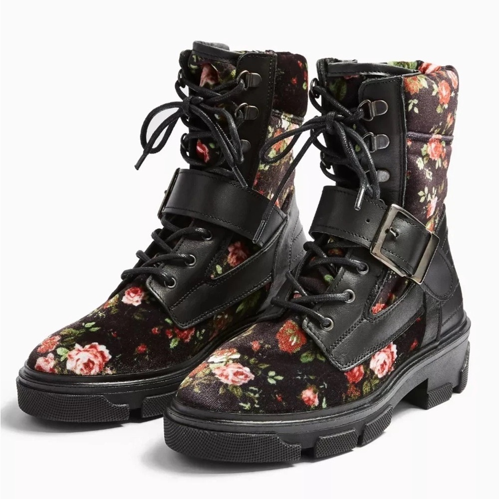 Topshop Black Floral Combat Boots